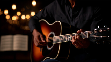 Obraz premium Detailed close-up of hands playing a resonant chord on a gleaming acoustic guitar body, warm amber tones from indoor lighting enhancing the lacquer finish, precise finger placement