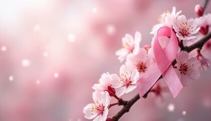 Obraz premium Pink ribbon on cherry blossom branch. Represents breast cancer awareness month support for women health. Gentle floral pattern background for design.