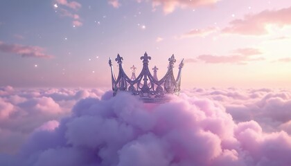 Obraz premium Silver crown rests on fluffy purple clouds under pastel pink and purple sky with sparkling stars. Represents royalty, dreams, and fantasy. Elegant, celestial, divine, majestic.