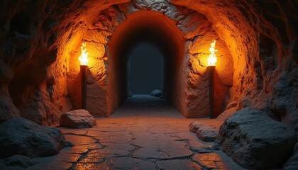 Fototapeta premium Cave passage lit by torches. Rough stone walls and floor create ancient, mysterious atmosphere. Dark tunnel recedes into distance. Adventure awaits exploration.