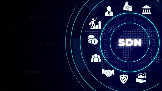 Software Defined Networking S D N Concept with Representing Business Finance and Security on a Dark Background with Blue Accents