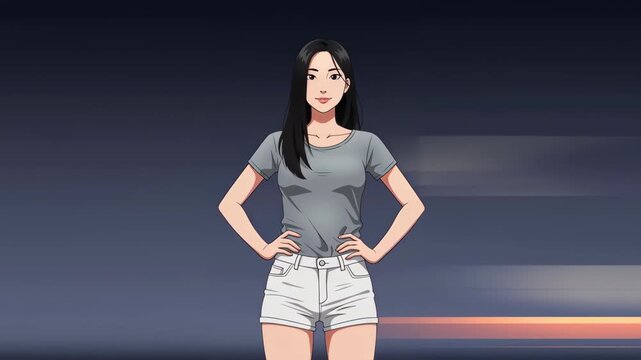 Confident Casual: A young woman stands with a poised and assured demeanor, embodying a sense of casual confidence, in modern apparel and her hands on her hips, against an abstract background.