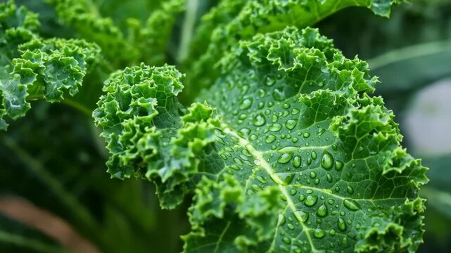 Kale's Refreshing Embrace: A close-up view of fresh kale leaves, glistening with water droplets, showcasing nature's purity and the vibrant allure of healthy eating.