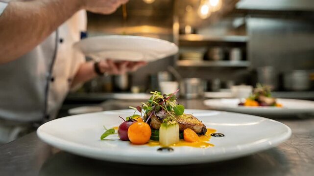 Medium shot of a chef meticulously plating a tasting menu dish with the vibrant ingredients sharply in focus and the background softly blurred.