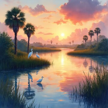 White egrets stand in calm water of wetland marsh at sunset. Tall palm trees and sawgrass line river banks. Colorful sky reflects on tranquil lake surface.