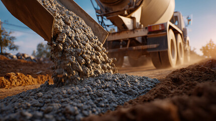Cinematic construction scene of a concrete mixer pouring wet cement into a building foundation, thick mixture rippling as it lands, granular stones and cement paste distinctly visi
