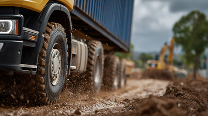 High-resolution close-up of container truck tires gripping slippery mud in an active building zone, wet soil splashing against the trailer frame, corrugated metal container contras