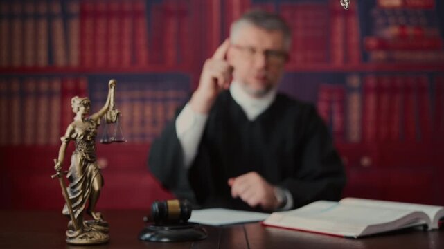 Blurred Judge are pointing finger, signing the document and strikes wooden gavel on desk while Statue of Justice stands on desk and at the end handcuffs are show