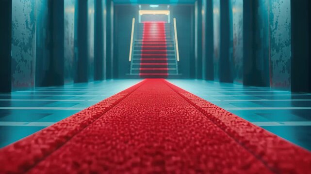 Path to Greatness: A captivating image of an ornate staircase enveloped by a luxurious red carpet, signifying a journey of importance and accomplishment. The soft.