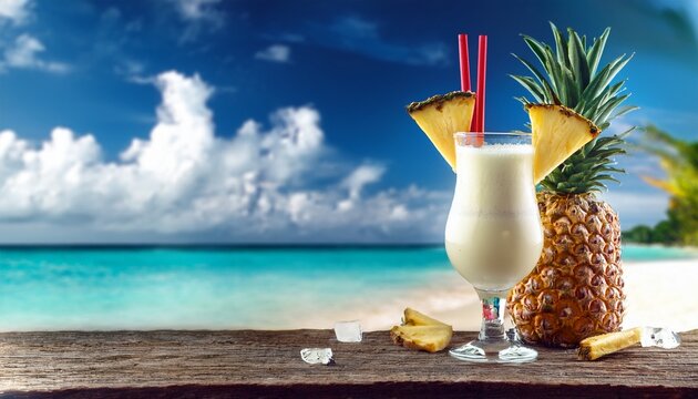 Refreshing Pina Colada Cocktail On A Tropical Beach