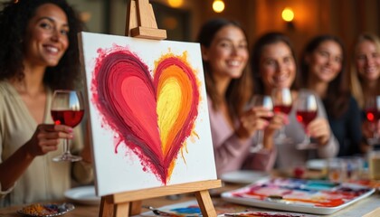 Naklejka premium Women friends celebrate friendship painting heart art with wine. Group enjoys creative art class workshop. Girls bond over hobby and drinks, smiling, making memories together in studio.