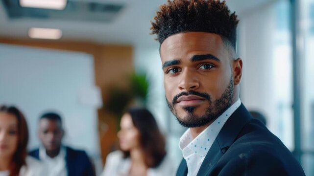 Confident Leadership: A close-up shot of a poised business leader, showcasing a focused expression and exudes confidence in a modern workplace setting.