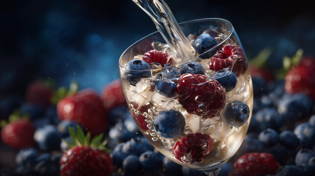 Photorealistic macro shot of carbonated mineral water flowing into a glass containing frozen berries, bubbles forming intricate patterns on raspberry seeds and blueberry skins, fac