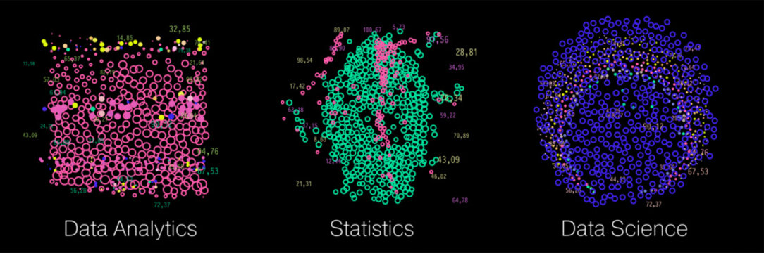Vibrant neon cyberpunk particle visualizations in glowing pink, green, and blue circular clusters with scattered numerical data points and colorful dot accents on black background. 