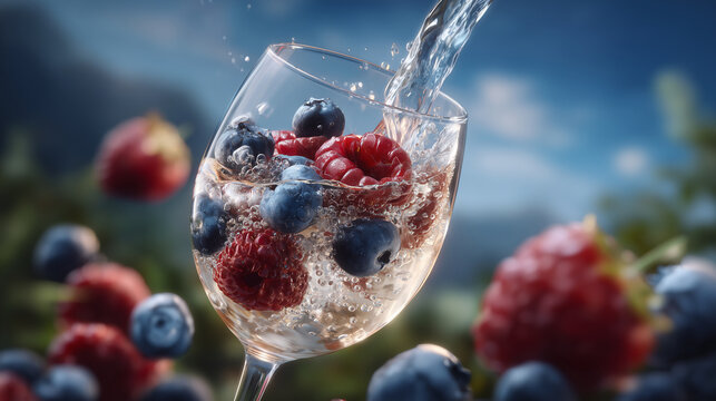 Photorealistic macro shot of carbonated mineral water flowing into a glass containing frozen berries, bubbles forming intricate patterns on raspberry seeds and blueberry skins, fac