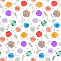 Cute space seamless pattern with hand-drawn planets and stars. Funny galaxy background for kids. Ideal for nursery wallpaper, baby textile, and scrapbooking. Sweet cosmic universe vector illustration