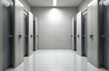 Obraz premium Clean modern shower stalls in a locker room. White tiled walls and floors reflect bright ceiling light. Metal fixtures gleam on grey stall doors.