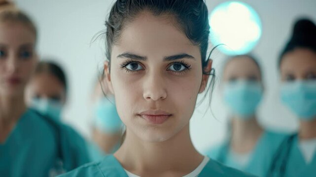 Focused Dedication: A resolute medical team, united in purpose, stands ready with a determined gaze, embodying healthcare