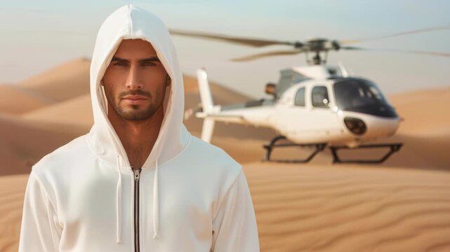 Modern Man in the Desert: A stylish person, standing tall in a desert, with a helicopter hovering in the background, a striking image of modern man in contrast with the desolate landscape.