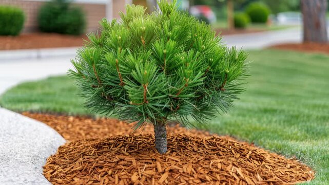 Pine Tree's Tranquility in Garden: A single pine tree, thriving amidst a bed of wood chips and manicured lawn, embodies the serenity of a perfectly maintained garden.