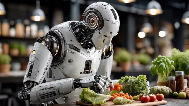 Futuristic humanoid robot chef preparing fresh vegetables in a modern kitchen. Artificial intelligence technology cooking a healthy meal. Domestic automation concept
