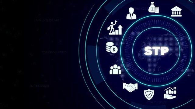 S T P business concept with representing finance, growth, and security on a dark blue background with neon accents