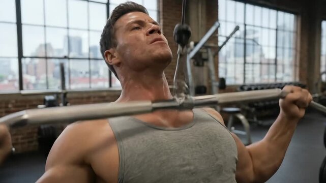 Muscular man performing intense lat pulldown in a gym with large windows overlooking a city skyline
