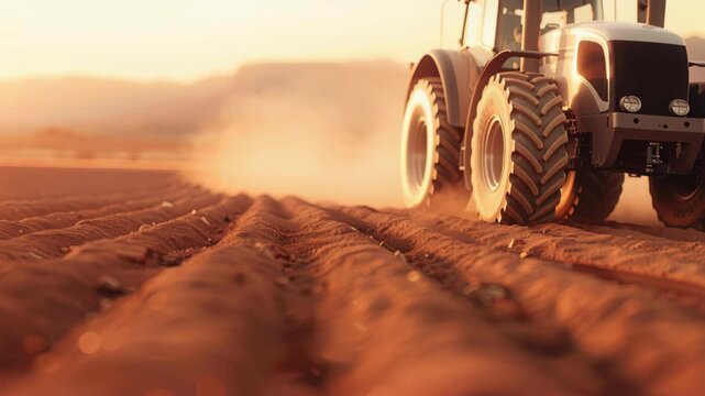 Tractor Tilling Agricultural Land: A powerful tractor tills the land, kicking up a cloud of dust as it carves neat rows across the fields. captured the golden light of the setting sun