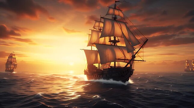 Majestic tall ship sailing powerfully across the deep ocean waves toward a brilliant golden sunset sky accompanied by distant fleet companions during an epic maritime voyage.