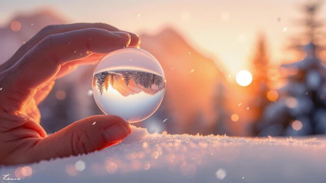 Snowy Scene in Crystal Ball: A hand delicately holds a crystal ball, capturing a breathtaking winter landscape with snow-covered mountains, reflecting the beauty of the scene within.