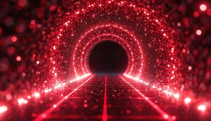 Fototapeta premium Abstract red glitter tunnel with glowing lights and grid floor. Futuristic cyberspace motion graphic. Digital tech background for sci-fi and gaming content.