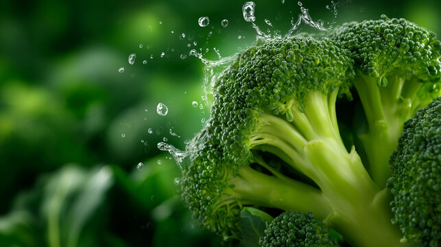 Broccoli on a vivid green background with dramatic water splash, droplets frozen in motion around textured florets, high-detail rendering of vegetable surface and water, bright stu