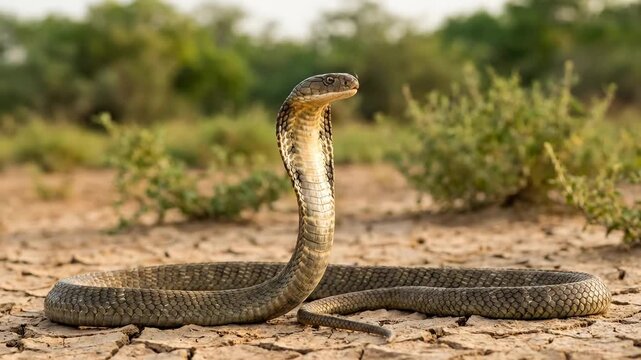 Indian Cobra Snake with Hood Raised and Tongue Flicking on Dry Cracked Earth