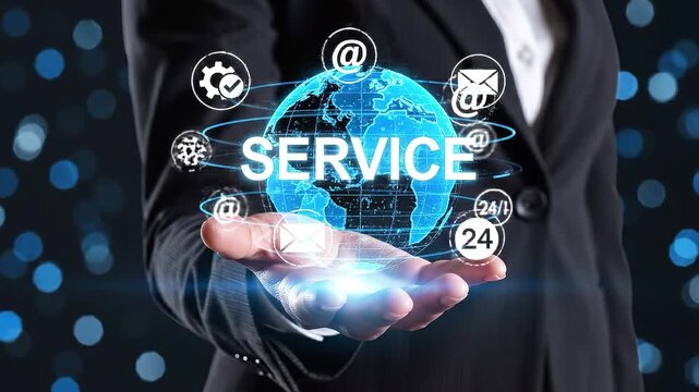 Professional holding a glowing digital earth graphic symbolizing global worldwide service availability and round the clock customer support systems