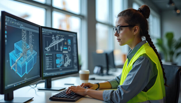 Woman engineer uses computer designing industrial equipment on dual monitors. She wears safety vest, glasses working on complex 3D CAD model project. Planning, development for manufacturing plant.