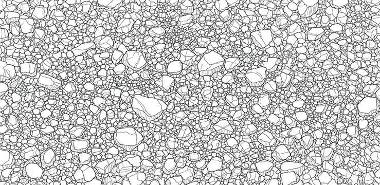A detailed illustration of pebbles and stones in a scattered arrangement on a textured surface from a top-down viewpoint