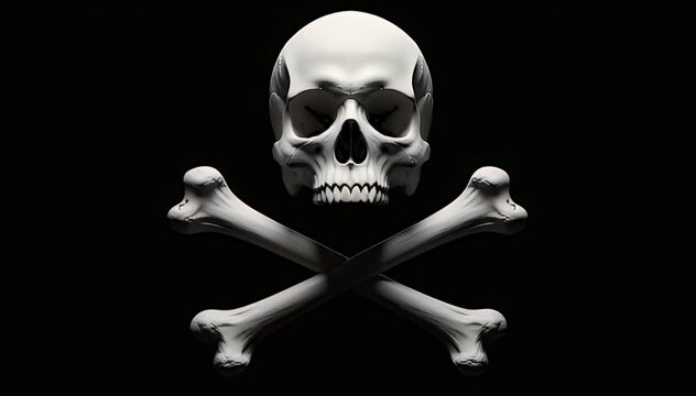 Striking 3d rendering of a stark white human skull positioned above two crossed femurs creating a classic pirate danger or mortality warning symbol against a deep black background