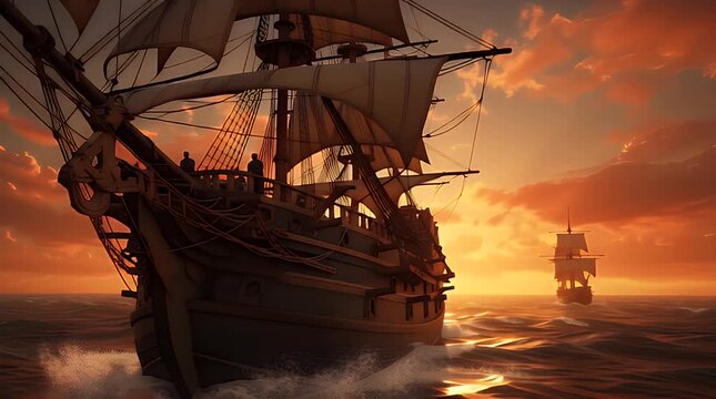 Majestic antique wooden sailing galleon ship navigates rough ocean waves under a dramatic blazing orange sunset sky with a smaller vessel following behind.