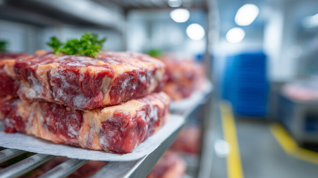 Wide close-up of frozen meat and poultry packs stacked in a cold storage room, frost and ice details visible, stainless steel racks reflecting soft cool light, background slightly