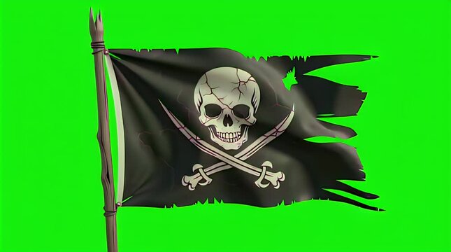 Weathered black pirate flag featuring a menacing cracked skull and crossed cutlasses waving dynamically against a vibrant chroma key green screen background for easy video editing