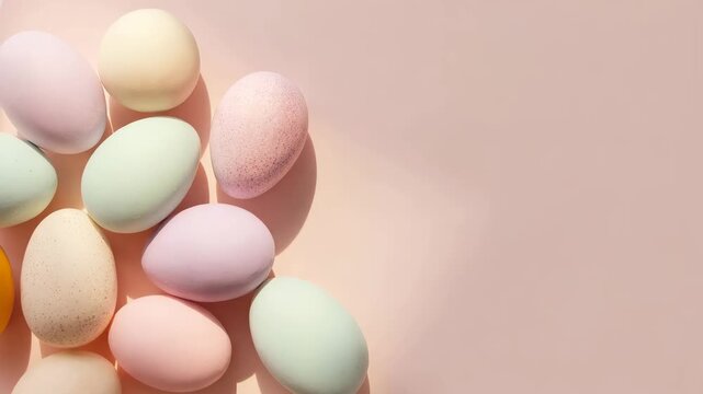 Pastel Easter eggs in blush, mint, lavender and cream tones arranged on smooth pink background, clean minimalist flatlay with negative space for editorial holiday greeting cards and spring celebration
