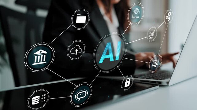 Business professional interacting with artificial intelligence graphics on a digital interface showing technology integration and innovative solutions for modern companies Gluon.