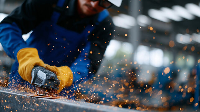 Close-up of a steel beam being polished with grinder, sparks flying dynamically, worker faceless with safety glasses and gloves, metal textures detailed, blurred background showing