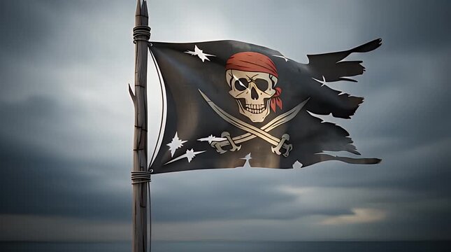Weathered tattered pirate flag featuring a menacing skull and crossbones design fluttering dramatically against a dark moody ocean sky background symbolizing adventure and danger