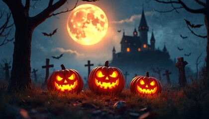 Three carved pumpkins glow with light in a dark graveyard. A full moon shines above a spooky castle. Bats fly in the night sky. Autumn holiday atmosphere.