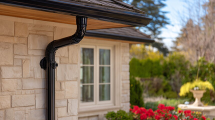 Medium perspective of a sleek townhouse with new black metal gutters and downspouts, sunlight casting subtle shadows on the fa&Atilde;&sect;ade, clean geometric lines emphasized, architectural