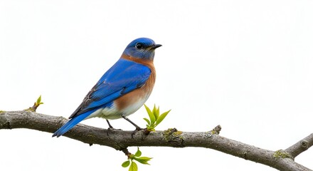 Obraz premium Eastern Bluebird perched on a tree branch with green buds isolated on white