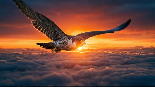 Majestic peregrine falcon soaring above fluffy clouds during a vibrant golden hour sunset