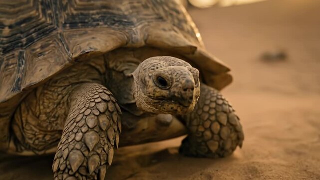 Tortoise walking slowly across sandy desert landscape at golden hour with dry vegetation in background