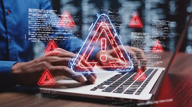 Close-up view of a professional typing urgently on a laptop keyboard displaying multiple glowing digital warning signs and system error code overlays